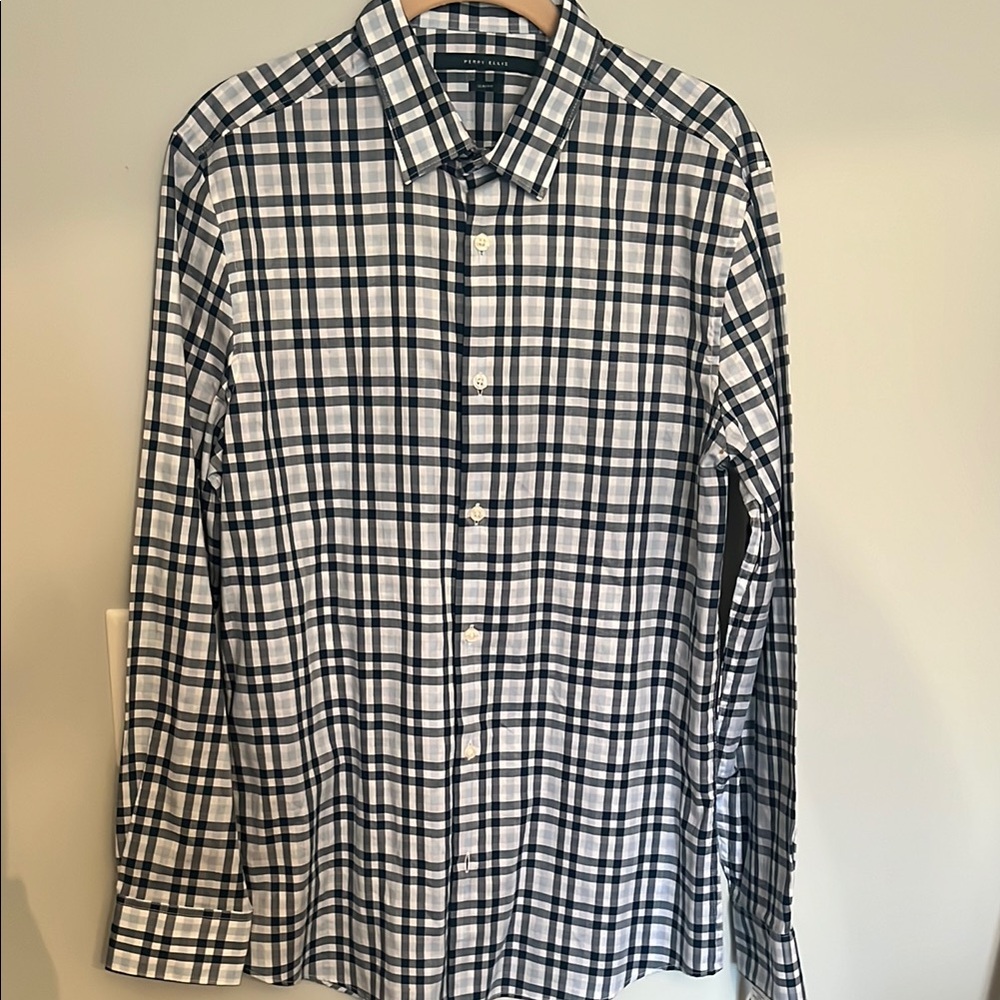 Men’s Shirt Navy, LT blue white Perry Ellis Casual Shirt NWT M